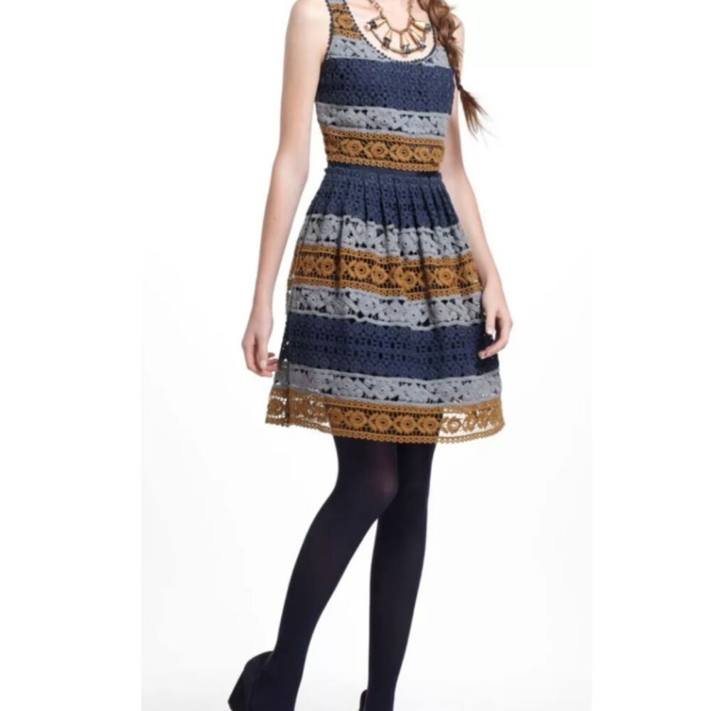Anthropologie Maeve Crochet Mini Dress Sz 8 Boho Dark Academia Fit Flare Preppy